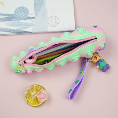 China Food-Safe Material Kids Push Pop Bubble Popper Toy Pen Case School Stationery Bag Silicone Worm Pencil Case Pouch Women Lady Cosmetic Bags for sale