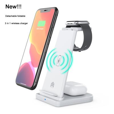 China Mobile Phone 2021 New Detachable Foldable Qi 10w Fast 3 in 1 Wireless Charger Pad Dock for Cell Phones Earphones Smart Watch for sale