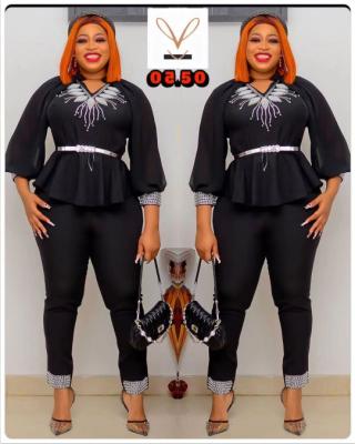 China Plus Size 2022 Hot Selling African Shein Clothing Women Chiffon Tops And Straight Pants Two Pieces Set for sale