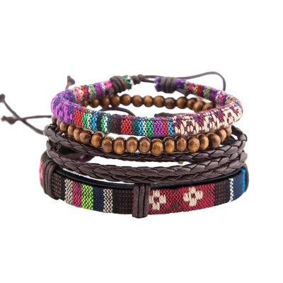 China Environmentally Friendly Art Wooden Beads Multilayer Retro National Korean Version Cloth Wind New Style Leather Bracelet for sale