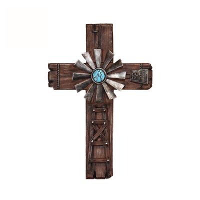 China Europe Resin Windmill Cross Wooden Religious Cowboy Resin Western Decor Cross for sale