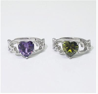 China Vintage Women Created Green Peridot and Purple Amethyst Stone 925 Sterling Silver Anniversary Valentine Heart Promise Ring for sale