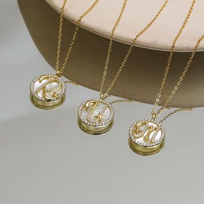 China TRENDY 14k Gold Plated Round Disc Bling and Disc Shell Pendant Pave Cubic Zirconia A to Z Alphabet Pendant Necklace for Girls for sale