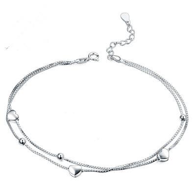 China TRENDY Heart Charms Double Layer Bracelet&Anklet For Women AnkletJewelry Real 925 Silver Temperament Chain for sale