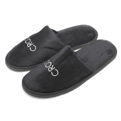 China Wholesale Disposable Customized Hotel Cotton Black Velvet Hotel Slippers With Embroidered Logo for sale