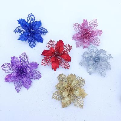 China 17cm Beautiful Wholesale Colorful Christmas Flowers Hollow Mesh Glitter and Glitter Christmas Tree Decoration for sale