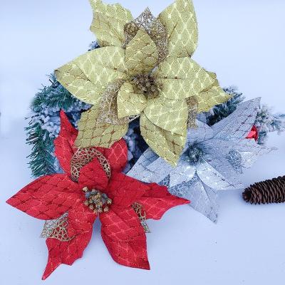 China 20cm Wholesale Beautiful Colorful Christmas Flowers Multicolor Gingham Three Pieces Cavity Mesh Shiny Glitter Christmas Tree Decoration for sale