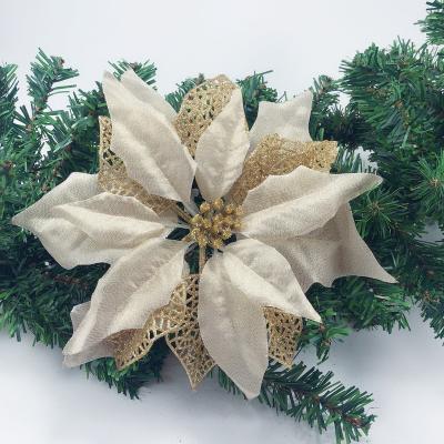 China Wholesale Beautiful 25 cm Colorful Christmas Flowers Triple Hollow Mesh Glitter and Sequins Christmas Tree Decoration for sale