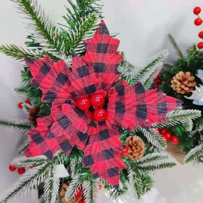 China Wholesale Beautiful Colorful 17cm Christmas Red Flowers and Black Checkered Red Berries for Christmas Tree Decoration for sale