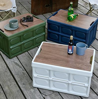 China Plastic pp+wooden block plastic capacity folding white blue green storage bins large for outdoor garden camping with wooden blocks lids container trunk for sale