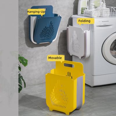 China Durable Plastic Wall Mounted Hanging Folding Laundry Basket For Bathroom Clothes Basket Folding Bin Organizer Container Bin Storage for sale