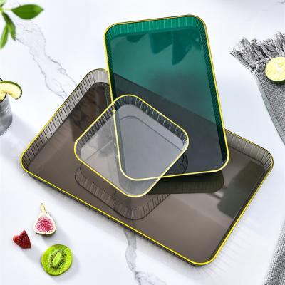 China Minimalist Plastic Rectangular Square Amber Tea Food Serving Tray Green Transparent For Home Decoration Makeup Storage Table Trays for sale