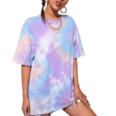 China 2020 New Summer Women's Graphic Tees Fashion Short Sleeve Tie Dye Round Drop Shoulder Oversized Tees Breathable Graphic Tees for sale