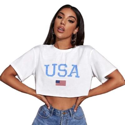 China Factory Wholesale Women's Breathable Graphic Stitches Summer Shorts Sleeve Round Neck Letter American Flag Casual Tee for sale