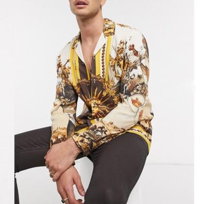 China Anti-pilling latest design printing satin button down shirt custom imitated silk cheap men's long sleeve shirt for sale