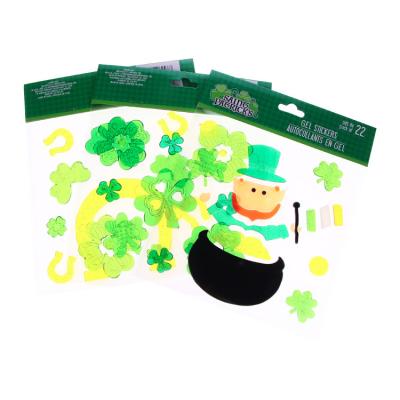 China Wholesale Waterproof+Eco-friendly St Patrick's Day Holiday Decoration Sticker Green Four Leaf Clover Elf Sticker Window Gel Clings for sale