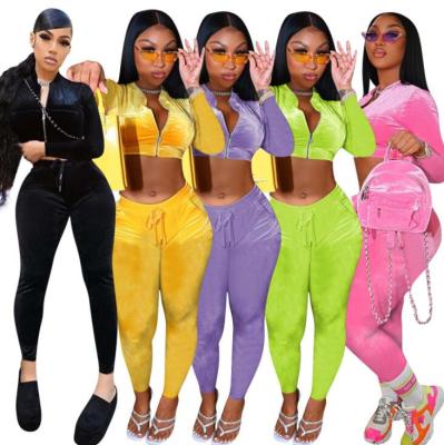 China V009 Fall 2021 Women's Clothing Tracksuit Zipper Sweatsuit Anti-pilling Crop Full Autumn Velvet Two Piece Set for sale