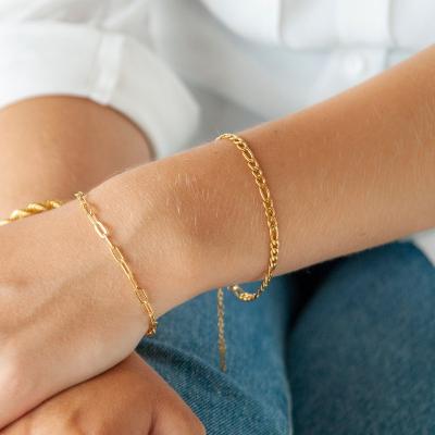 China Women Stainless Steel Environmental Friendly 18K Gold Plated Minimalist Figaro Chain Bracelet Bangles Jewelry Layering Wholesale for sale