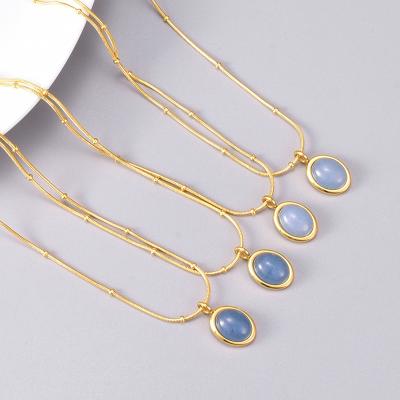 China New Fashionable Hypoallergenic 18k Gold pvd Plated Stainless Steel Jewelry Blue Agate Natural Stone Oval Pendant Necklace For Women for sale