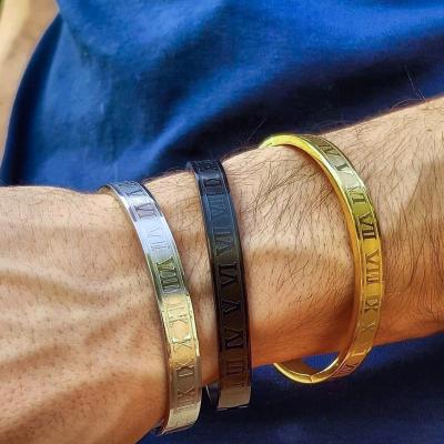 China TRENDY Wholesale 18k Gold Plated Stainless Steel Roman Numeral Cuff Wristband Bangle For Men for sale