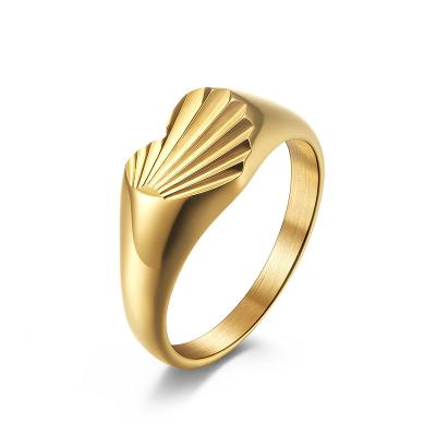 China Tarnish Free And Water Resistant Fashionable Women 18K Gold Plated Stainless Steel Jewelry Sunburst Texture Ring Heart Signet Rings for sale