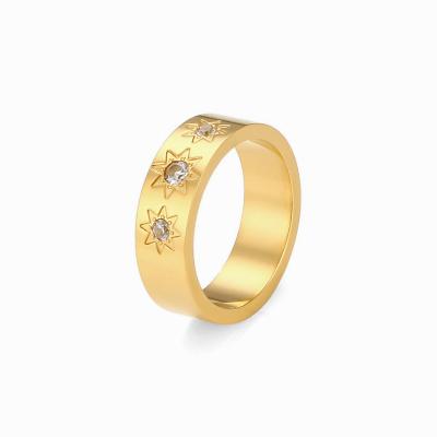 China Waterproof Design North Star Zircon Diamond Wedding Ring Stainless Steel 18k Gold Plated Starburst Flat Band Rings Jewelry Women for sale