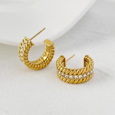 China High Shiny Polished Zircon Twist Stud Earrings Hypoallergenic Waterproof Jewelry Fashion Stainless Steel 18K Gold Plated Twist DC Earrings for sale