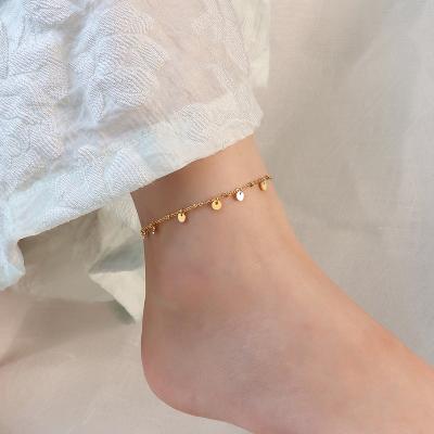 China The color will last a long time without tarnish tarnish free wholesale 18k gold plated stainless steel anklet chain thin disc tassel anklet chain foot jewelry for sale