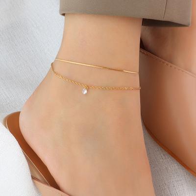 China The Color Will Last A Long Time Without Tarnish Free Ladies 18K Gold Plated Stainless Steel Double Layer Chain Charm Zircon Anklets Jewelry For Women for sale