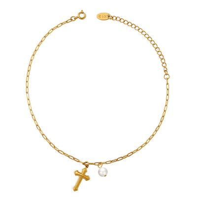 China Tarnish Resistant And Sweat Resistant 2022 Trendy 18k Gold Plated Stainless Steel Cross Anklets With Charms Beads Ankle Chain Summer Beach Waterproof Jewelry for sale