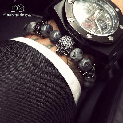 China TREND Luxury Lava Rock Mirco Pave CZ Skull Crown and Labradorite Charm Bracelet from India for Men Natural Stone Beads for sale