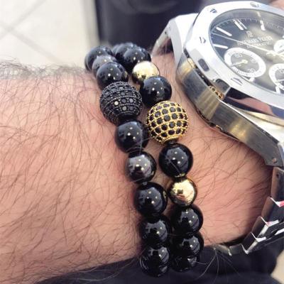 China TRENDY Fashion Men 8mm Lava Rock Bracelet, 8MM Black Agate Stone Bead CZ Ball Men's Charm Bracelets for sale