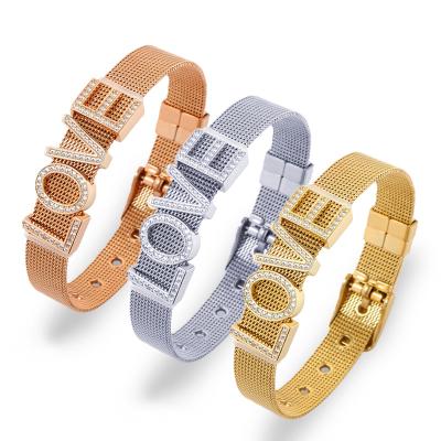 China HOT Custom Made Charm Bracelets Stainless Steel Mesh Girls Bangle Jewelry Women Alphabet Letter Slide Accessories for sale