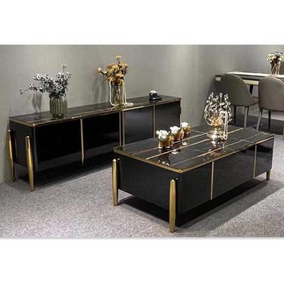 China Durable Modern Luxury Living Room TV Cabinet Gold Stainless Steel TV Stand And Coffee Table Set for sale