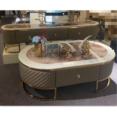 China Modern Modern TV Stand Interlocking Side Set Coffee Table 2 Stainless Steel Sturdy View Top Marble Tea Table for sale