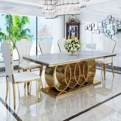 China Durable Luxury Contemporary Rectangular Marble Top Dining Table Set 6 Chairs Stainless Steel Dining Tables for sale