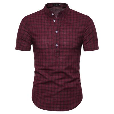 China Anti-pilling Men's Poplin Plaid Shirts Checked Collar Short Sleeve Stand Collar Mao Colalr Check Shirts for sale