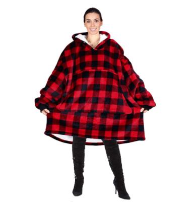 China Plus Size Fleece Plaid Warm Sweater Wearable Sweatshirt Pullover Color Checked Wearable Hoodie Blanket TV Blanket With Sleeves for sale