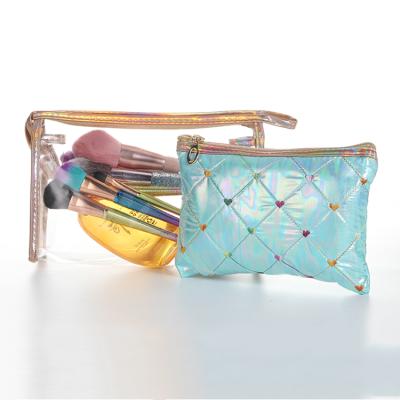 China Custom Fashion Two Piece Travel Cosmetic Bag Fashion Logo Transparent PVC Makeup Bag For Women for sale