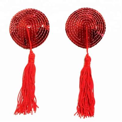 China Invisible Reusable Silicone Around Shape Red Sequin Nipple Cover Adhesive Pies Bra With Tassel for sale