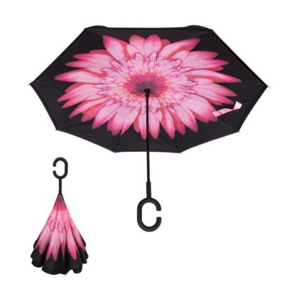 China New Design Fashion Folding Flower Pattern C Handle Inverted Reverse Umbrella for sale