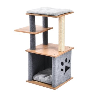 China Kitty House Triple Layers Wooden Modern Felt Fabric Pet Furniture Sustainable Multifunctional Comfy Bed With Sisal Lining Post for sale