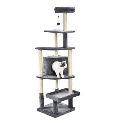 China Large Sustainable Pet Kitty Tower Sisal Post Wooden Board Hanging Plush Cat Tree Toy Super Tall Multi Levels for sale