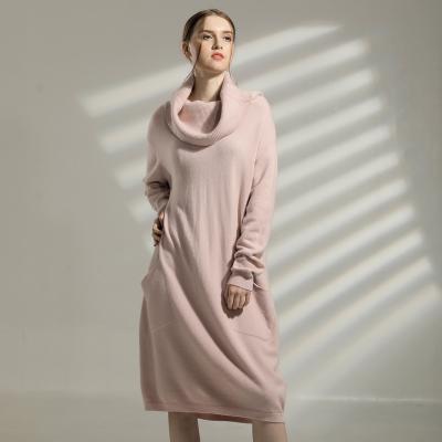 China Anti-wrinkle Pink Loose Over The Knee High Neck Thick Warm Oversized Sweater Knitted Dress for sale