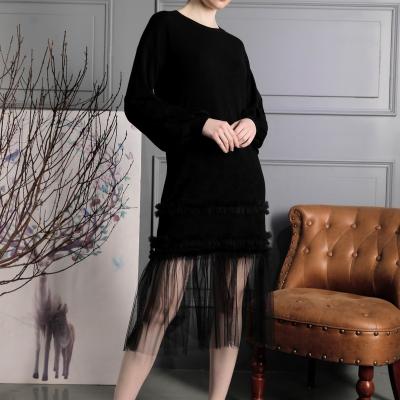 China Anti-pilling Winter Women's Black Round Neck Sweater Long Fringed Lace Sheer Color Dress for sale