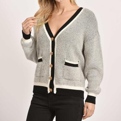 China Autumn Winter Chunky Knitted Cardigan Style Small Anti-wrinkle Long Sleeve Sweater Coat Women Deep V Neckline Loose Warm Fragrance for sale