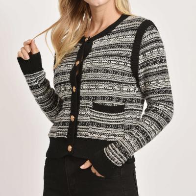 China 2021 Custom Anti-wrinkle Long Sleeve Ladies Cardigan Round Neck Knit Stripe Retro Knitted Sweater for sale