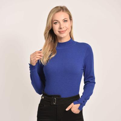 China custom Anti-wrinkle core spun sweater blue high neck yarn women's pullover knitted sweater for sale