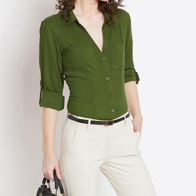 China Anti-pilling Custom Bespoke Women Fashion Cotton Solid Color Shirts Green Casual Blouses for sale