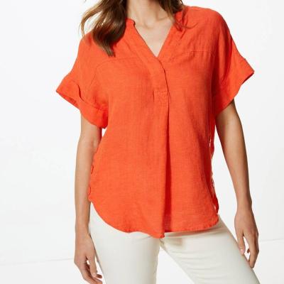 China Anti-pilling China manufacturer MTM advertised orange red sheer ladies short sleeve linen shirt blouses plus size for sale